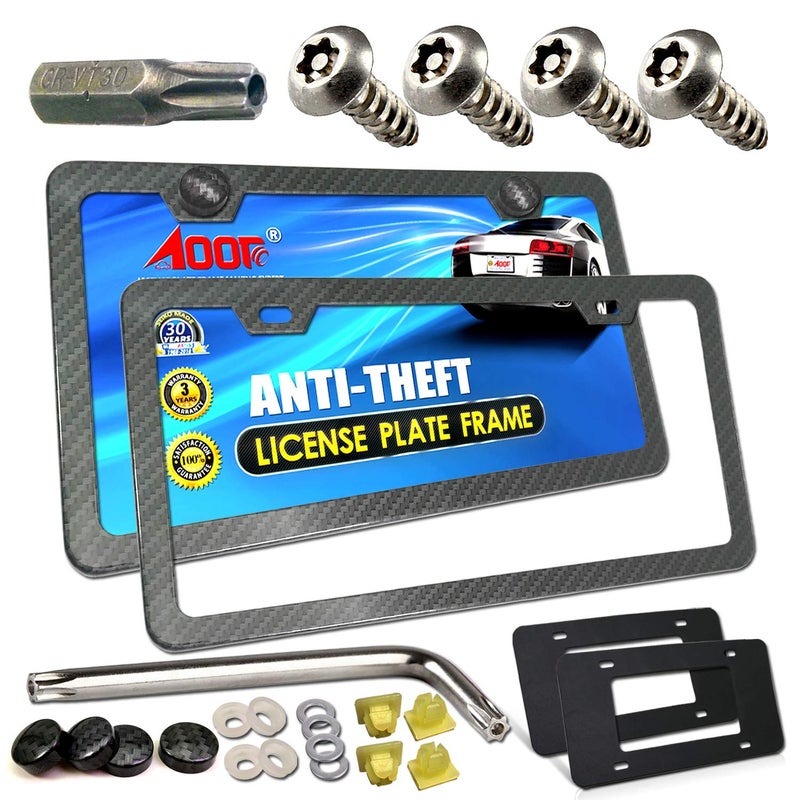 Aootf License Plate Frames Anti Theft- Tamper Proof Carbon Fiber Patterns Car Tag Holder, Heavy Duty Black Aluminum Bracket, Mount Hardware Kit- Stainless Steel Self-Tapping Screws Caps - Image 1
